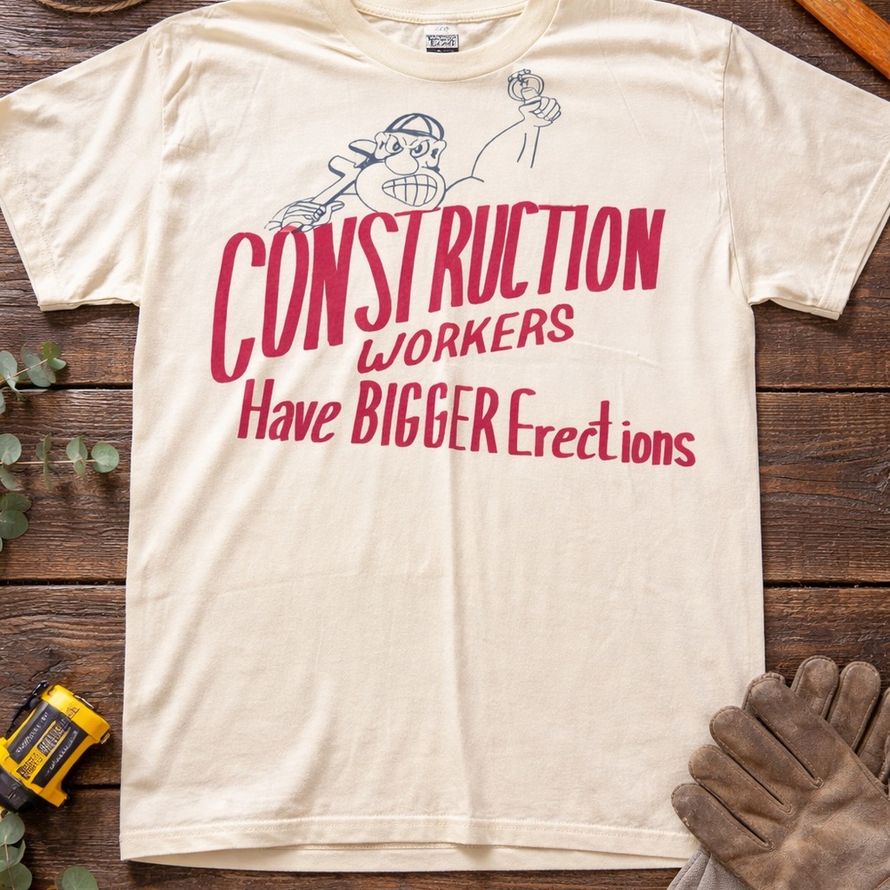 VTG Single Stitch Construction Workers Have Bigger Erections T Shirt L Yellow